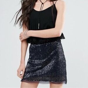 Free People Sz 10 Wild Child Sequined Mini Skirt Navy Blue Cocktail Party